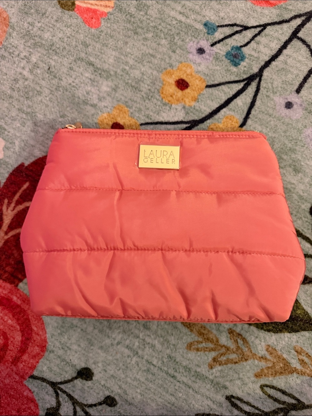 Laura Geller Coral Quilted Cosmetic Pouch with Gold Logo